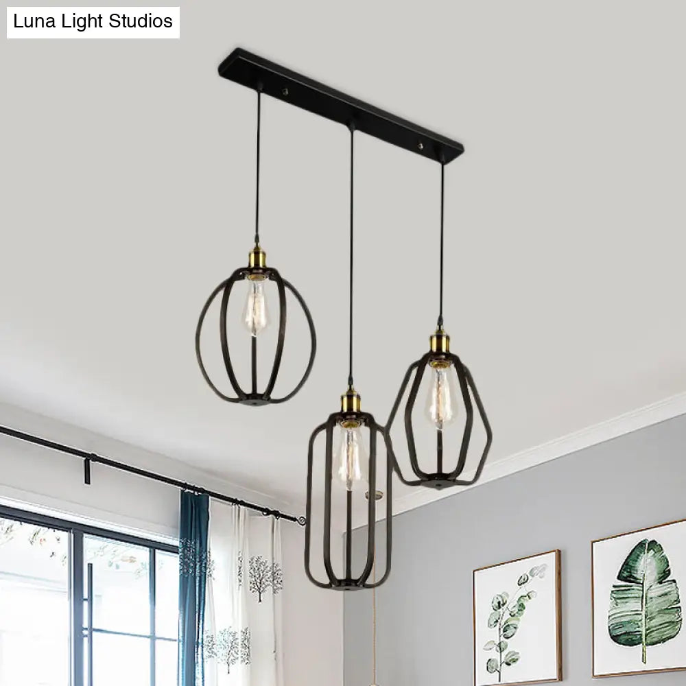 Black Cage Iron Pendant Lighting with Adjustable Cord for Living Room Ceiling