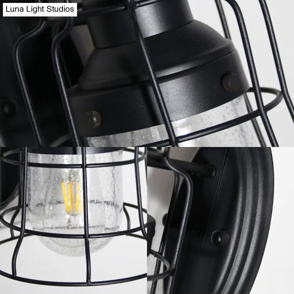 Black Caged Wall Light with Inner Glass Shade for Coastal Style Decor