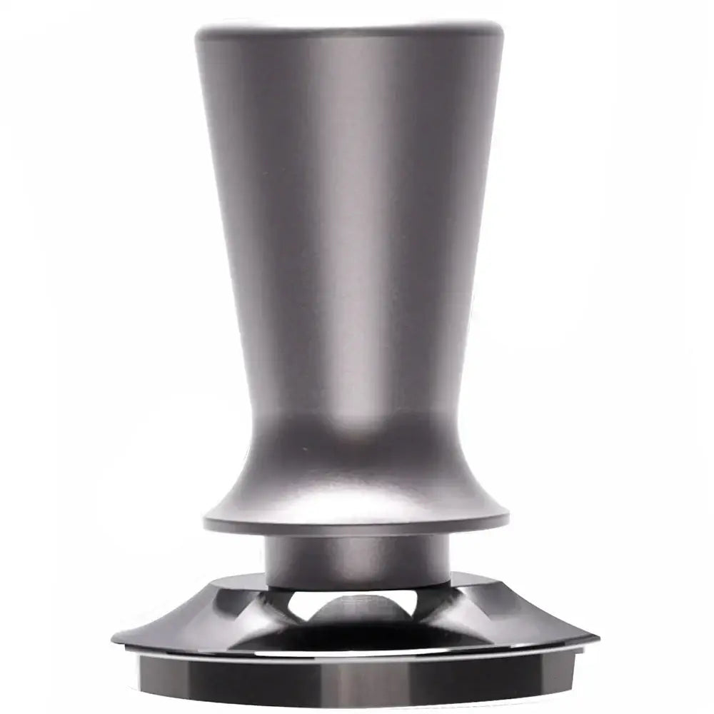 Black calibrated espresso coffee tamper with matte metallic finish, sleek tapered handle, and flat circular base for precise tamping