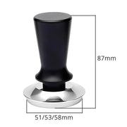 Black calibrated espresso coffee tamper with ergonomic handle and polished stainless steel base for precise coffee brewing