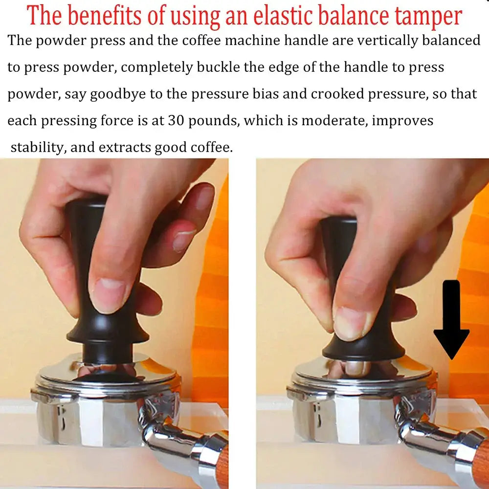 Black calibrated espresso coffee tamper with ergonomic black handle and metallic base for precise coffee tamping