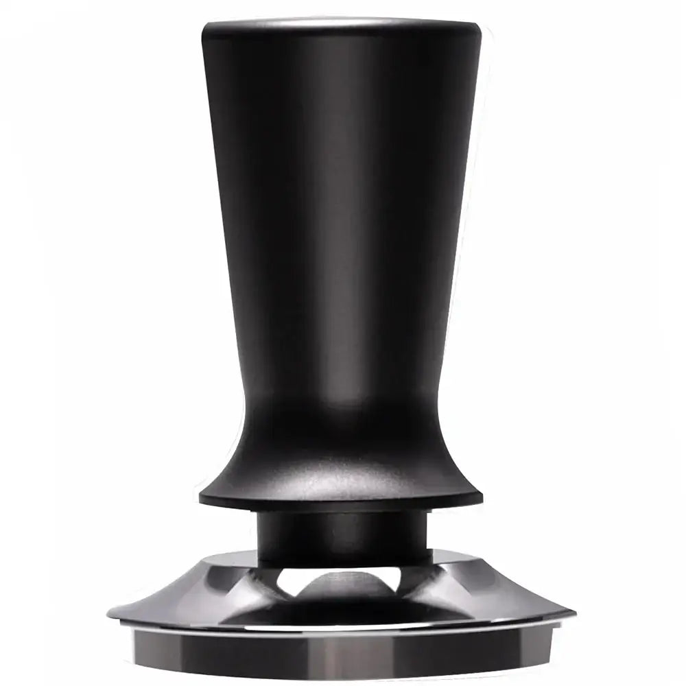 Black calibrated espresso coffee tamper with matte handle and polished stainless steel base for precise tamping