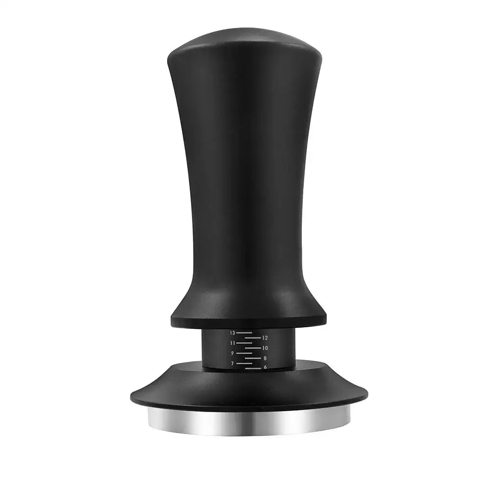 Black calibrated espresso coffee tamper with matte finish silver metal base and measurement markings on central collar
