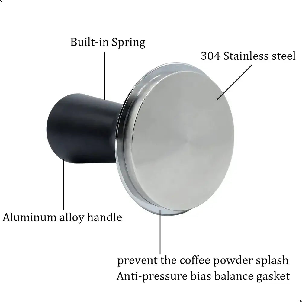 Black calibrated espresso coffee tamper with 304 stainless steel base and matte black aluminum handle for precise tamping