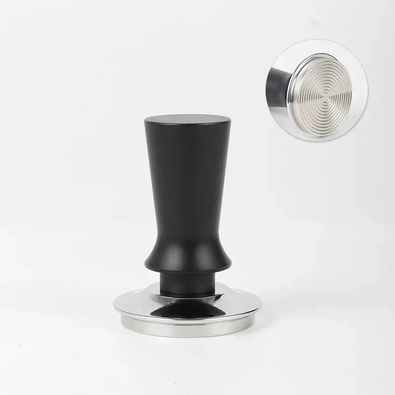 Black calibrated stainless steel espresso tamper set with ergonomic black handle and textured circular top decorbites espresso tamper