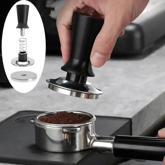 Black hand-held decorbites espresso tamper from calibrated stainless steel espresso tamper set with spring mechanism