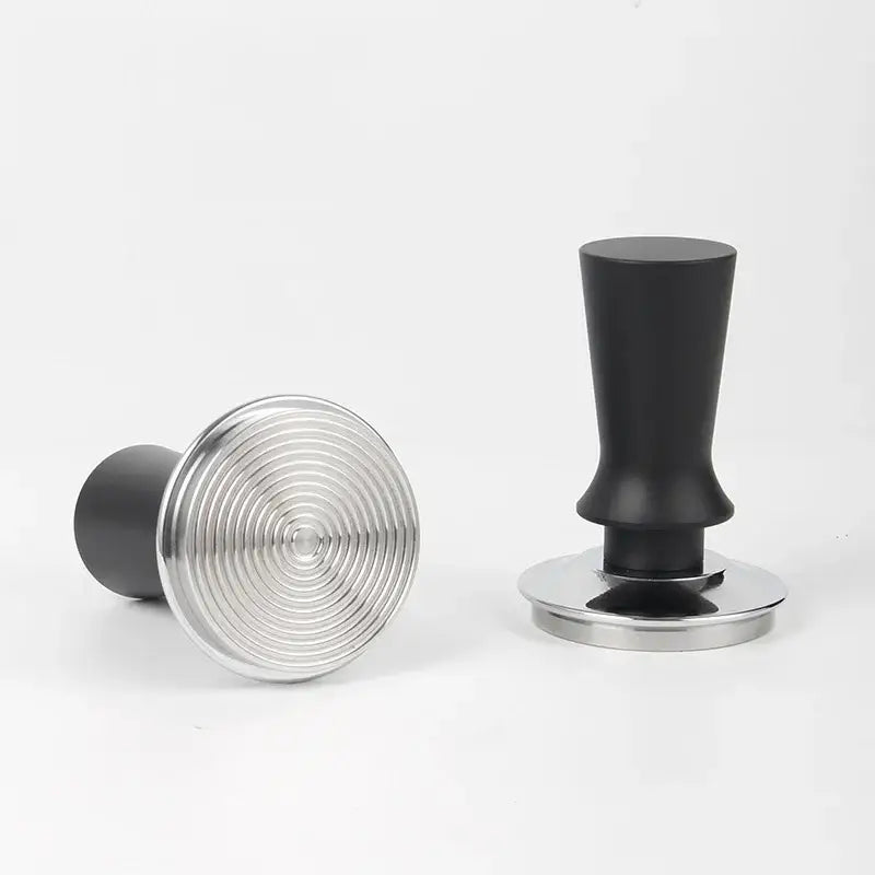 Black calibrated stainless steel espresso tamper set with black rubber handles and textured silver tops for decorbites espresso tamper