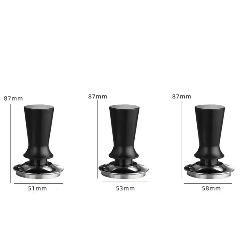Black calibrated stainless steel decorbites espresso tamper set with three ergonomic black handles for various cup sizes