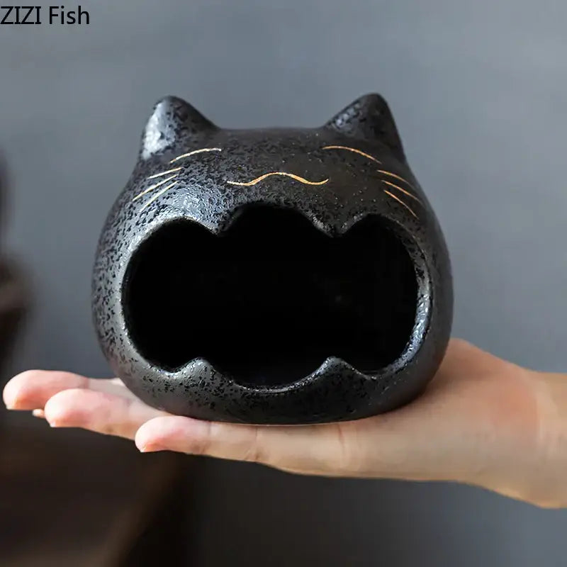 Black ceramic cartoon cat ceramic ashtray with gold whiskers and wide open mouth for living room decorbites decor
