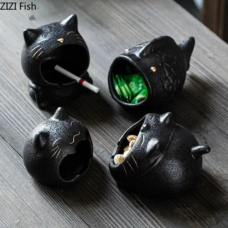 Black cartoon cat ceramic ashtray and fish-shaped ceramic ashtray with gold accents for living room decorbites cartoon cat decor