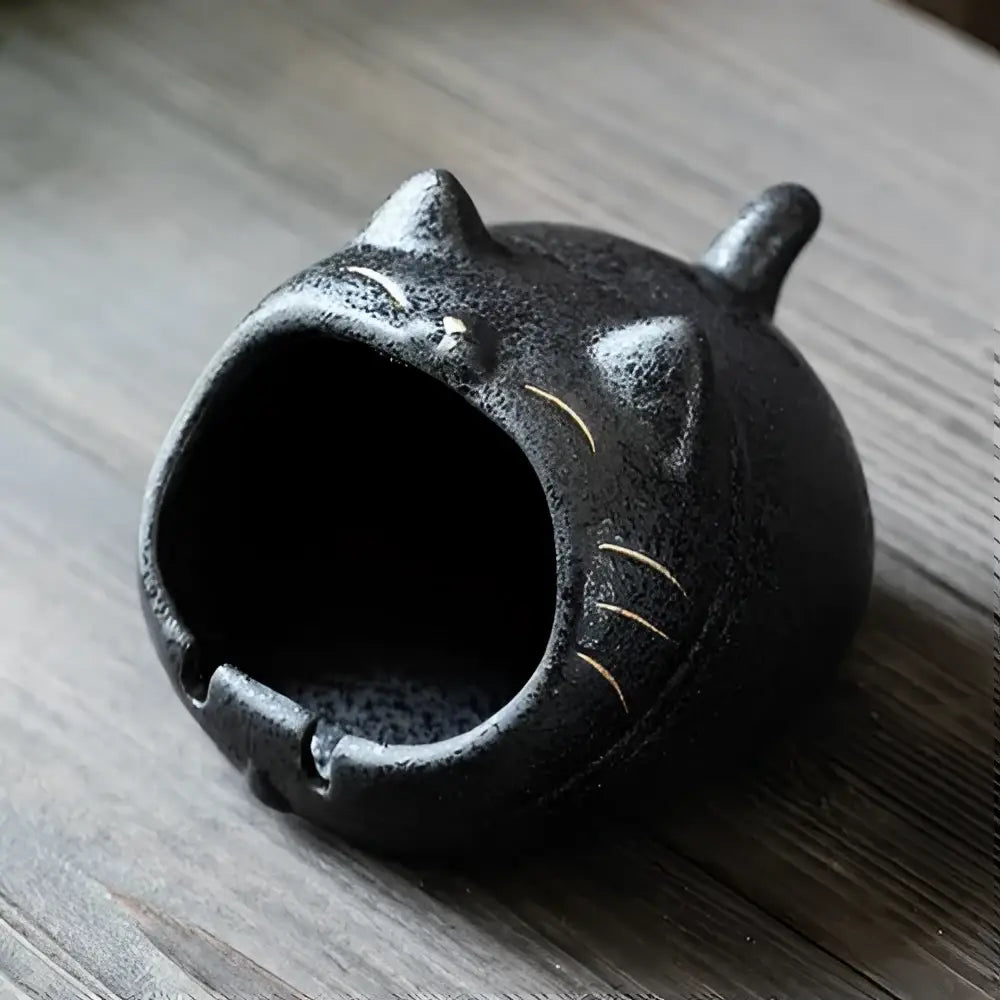 Black cartoon cat ceramic ashtray with gold whiskers and ears large capacity decor for living room by decorbites cartoon cat