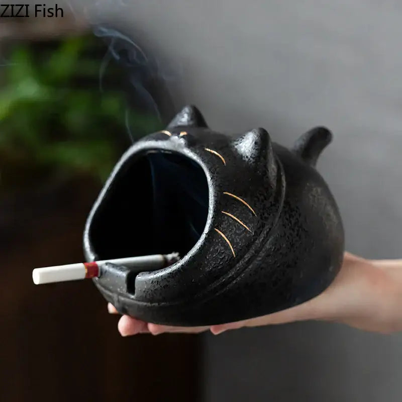 Black cartoon cat ceramic ashtray with gold whisker details and cigarette, large capacity decorbites cartoon cat decor