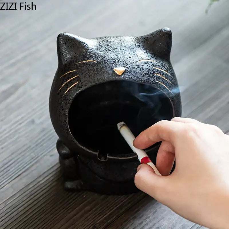 Black cartoon cat ceramic ashtray with gold whiskers and nose textured surface large capacity decorbites cartoon cat decor