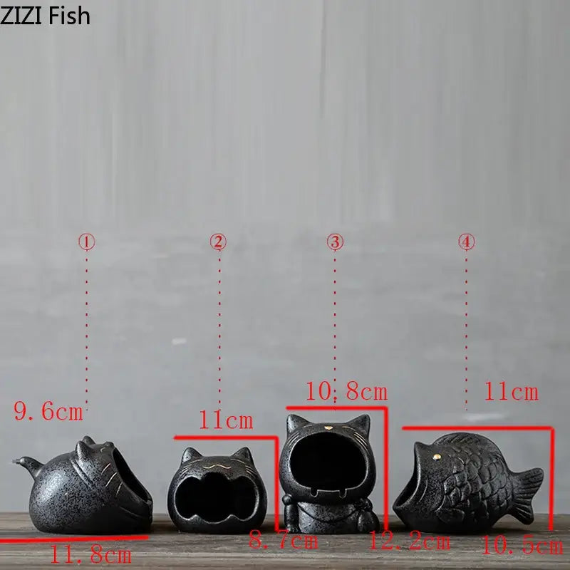 Black cartoon cat ceramic ashtray with large capacity featuring fish-shaped textured scales for living room decorbites decor