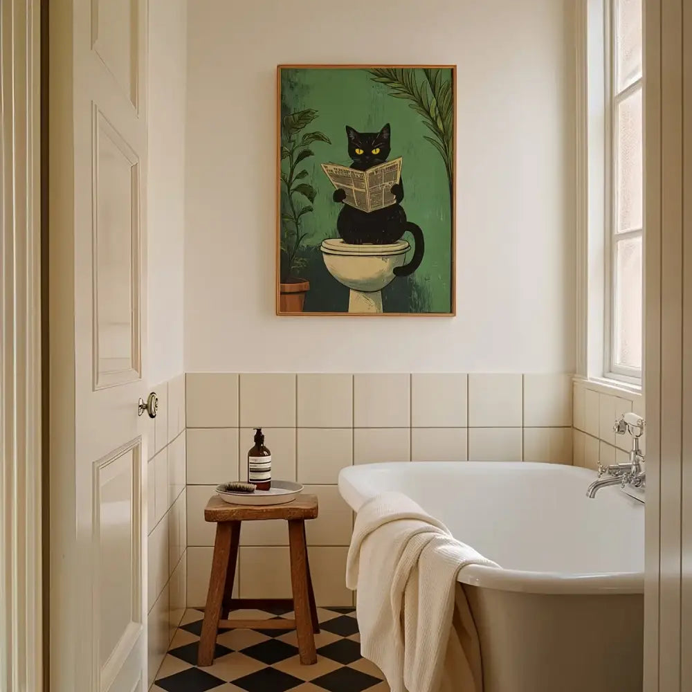 A framed decorbites™ 3-piece black cat bathroom wall art featuring a black cat reading a newspaper on a toilet with green foliage background