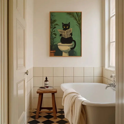 A framed decorbites™ 3-piece black cat bathroom wall art featuring a black cat reading a newspaper on a toilet with green foliage background