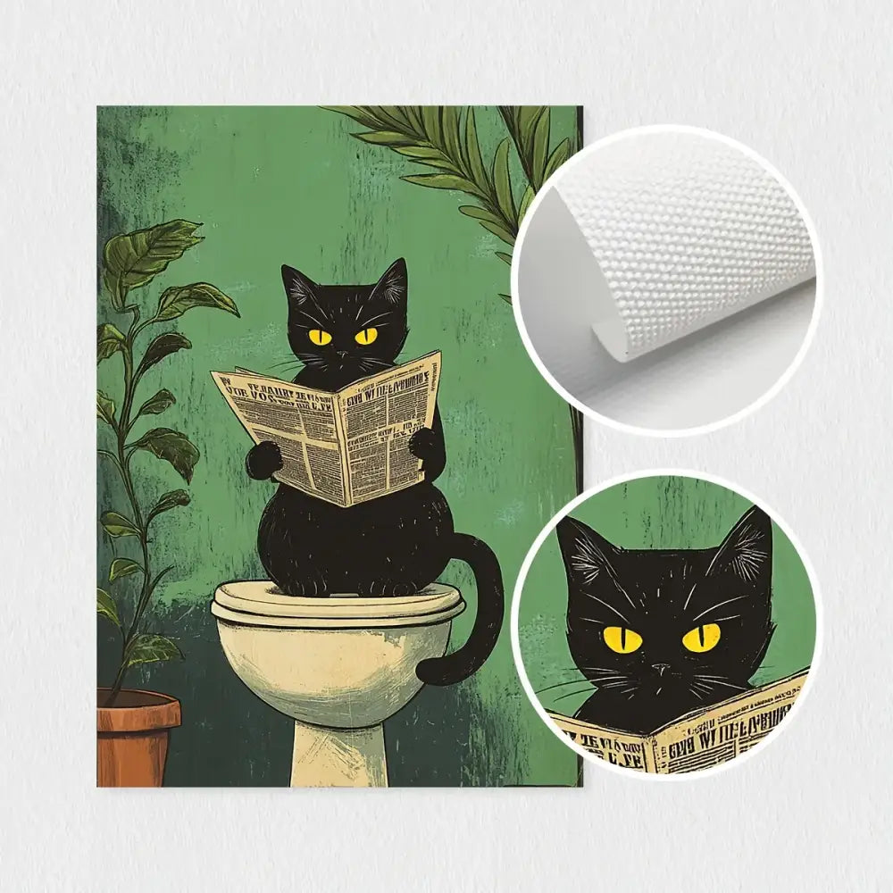 Decorbites™ 3-piece black cat bathroom wall art featuring a black cat illustration with glowing eyes on a green background