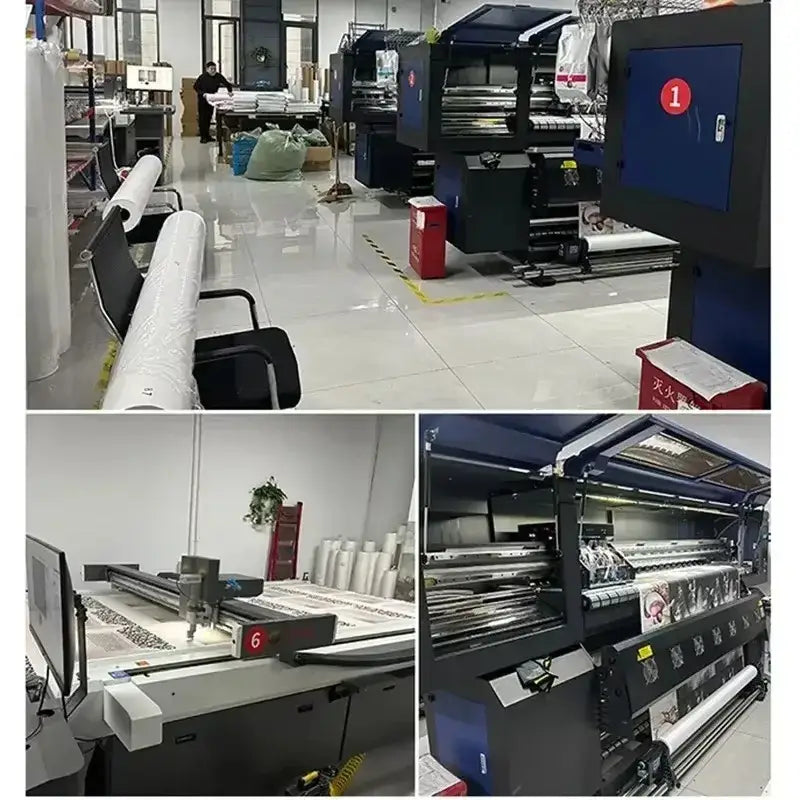 Industrial-grade digital printing machines producing decorbites™ black cat bathroom wall art with black and blue frames and rollers