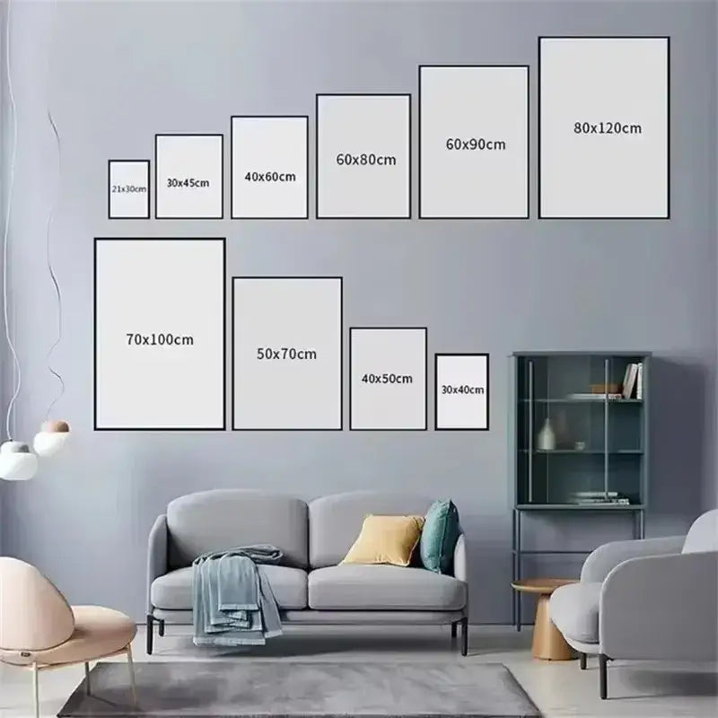 Set of minimalist white-framed black cat bathroom wall art prints in various sizes on a gray wall by DecorBites™