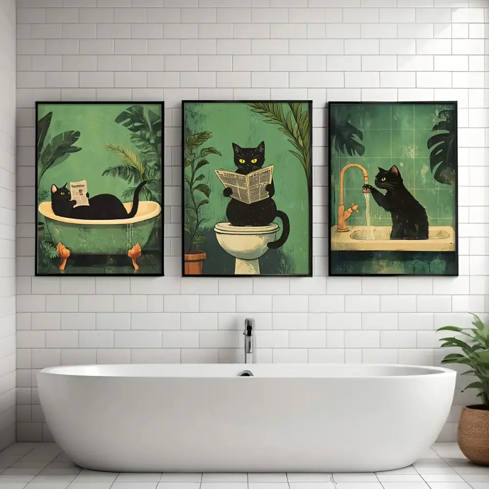 Decorbites™ 3-piece black cat bathroom wall art featuring three framed vintage green backgrounds with humorous scenes