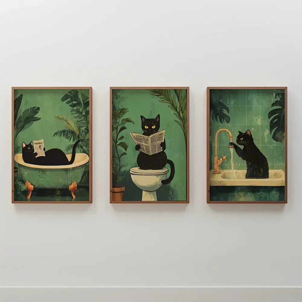 Decorbites™ 3-piece wall art featuring black cat bathroom illustrations with tropical green foliage background