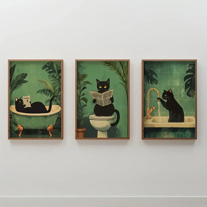 Decorbites™ 3-piece wall art featuring black cat bathroom illustrations with tropical green foliage background