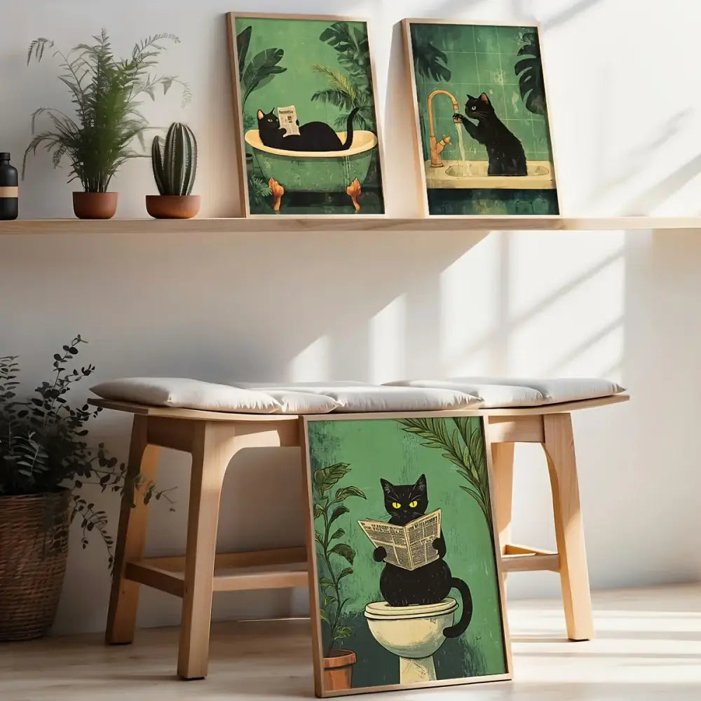 Three framed wall art prints of black cat bathroom scenes with green backgrounds by DecorBites™