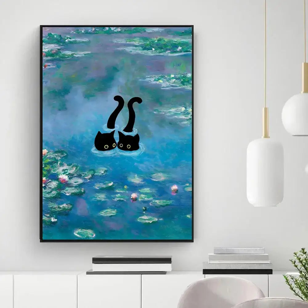 Decorbites black cat starry night canvas wall art featuring black cats with white eyes floating in a blue pond scene