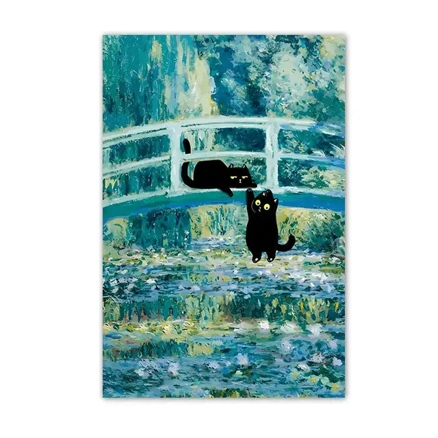 Decorbites™ black cat starry night canvas wall art featuring glowing yellow-eyed cats on a teal blue bridge scene
