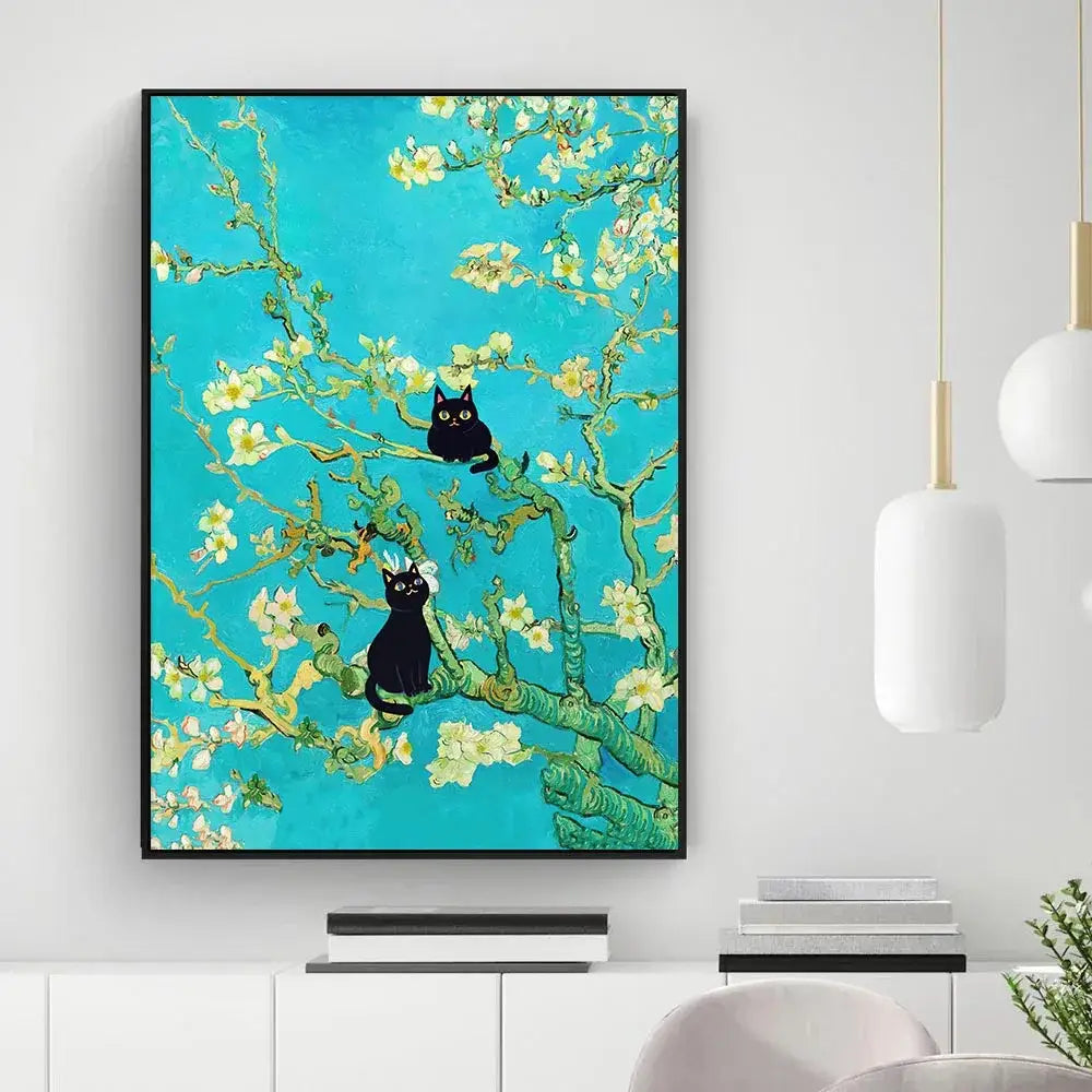 A framed DecorBites™ black cat starry night canvas wall art with two black cats on turquoise branches
