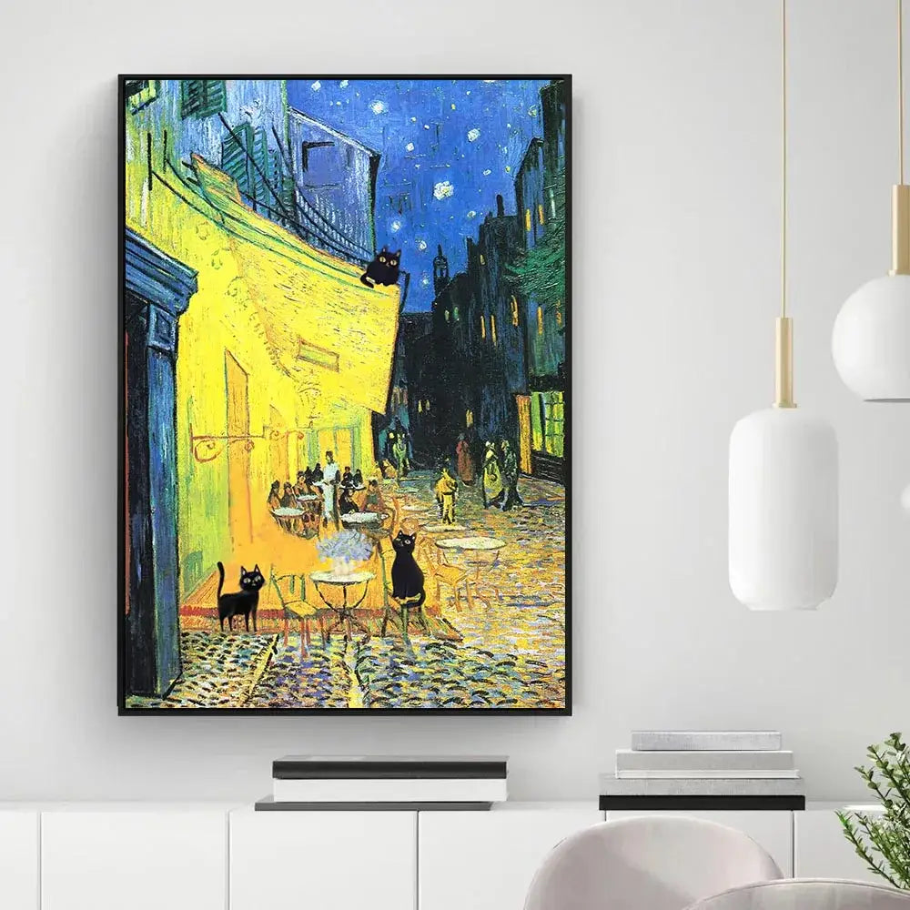 A framed DecorBites™ starry night wall art featuring bold yellow and blue brushstrokes with black cat on cobblestone street