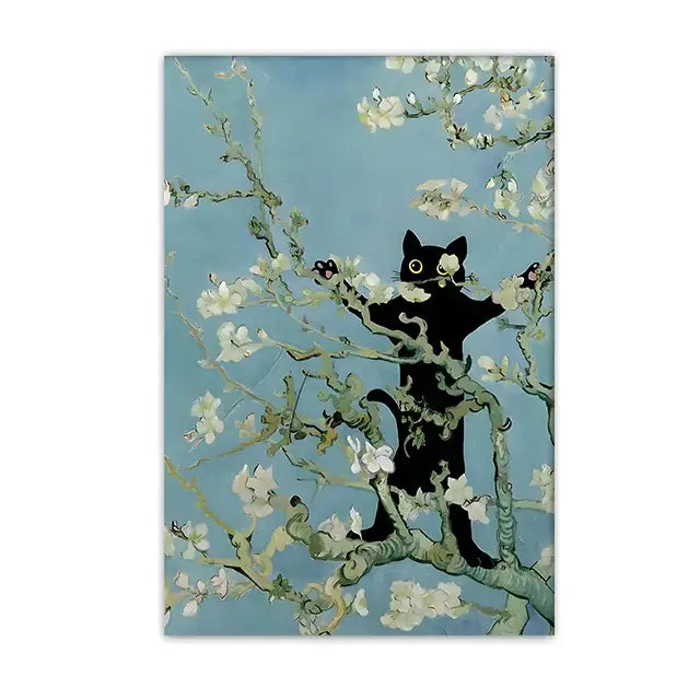 DecorBites™ black cat starry night canvas wall art featuring a black cat illustration on light blue with white blossoms