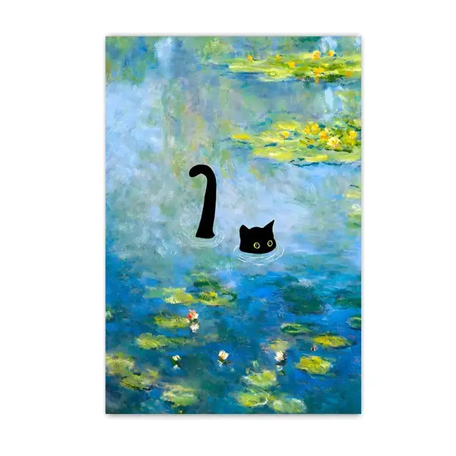 Black cat wall art featuring yellow eyes on a blue water lily pond background in decorbites starry night canvas design