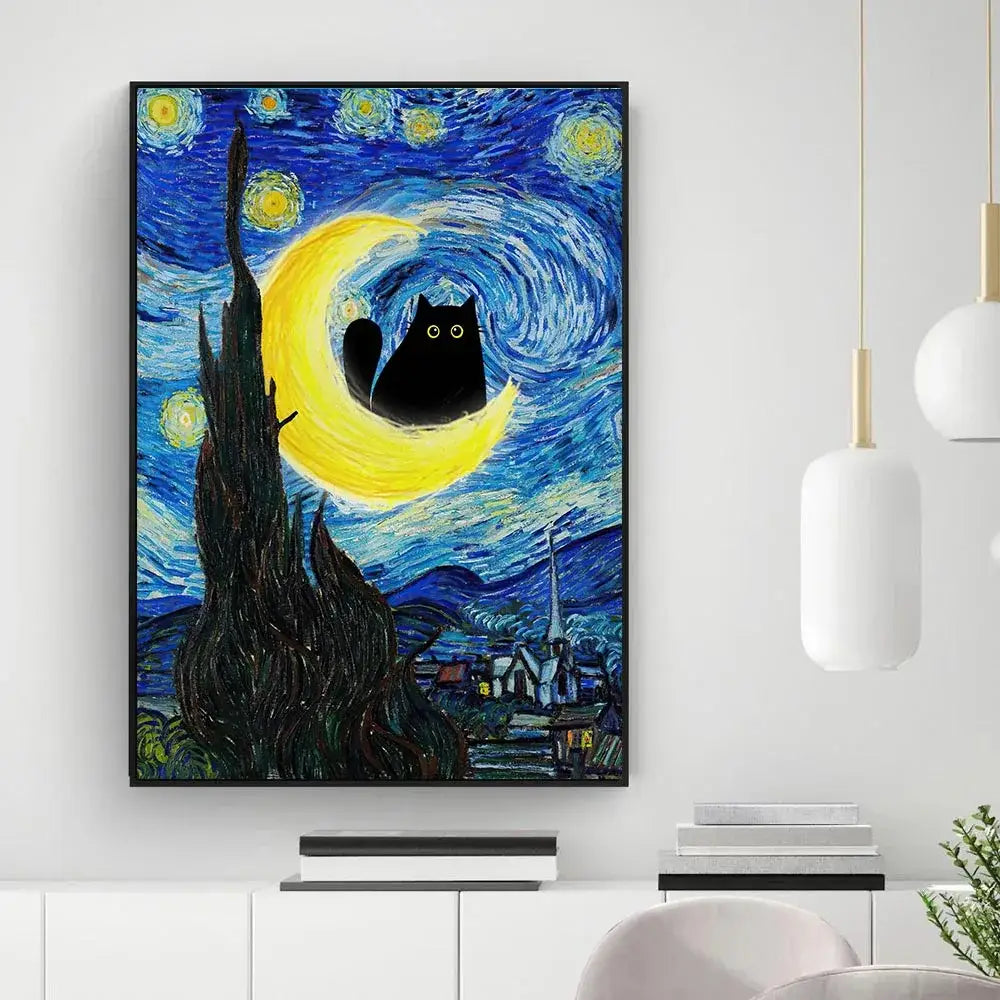 Decorbites™ black cat starry night canvas wall art featuring a black cat on a crescent moon in van gogh style