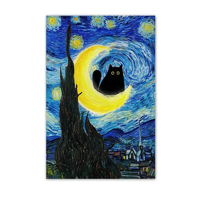 Decorbites™ black cat starry night canvas wall art featuring a black cat perched on a crescent moon against a blue and yellow sky