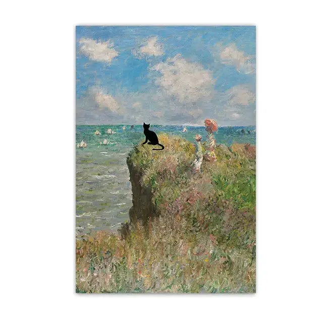 Decorbites black cat starry night canvas wall art features a black cat on a grassy cliffside in an impressionistic style