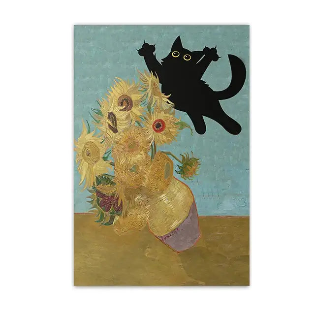DecorBites™ black cat starry night canvas wall art features a playful black cat silhouette above sunflowers in a vase
