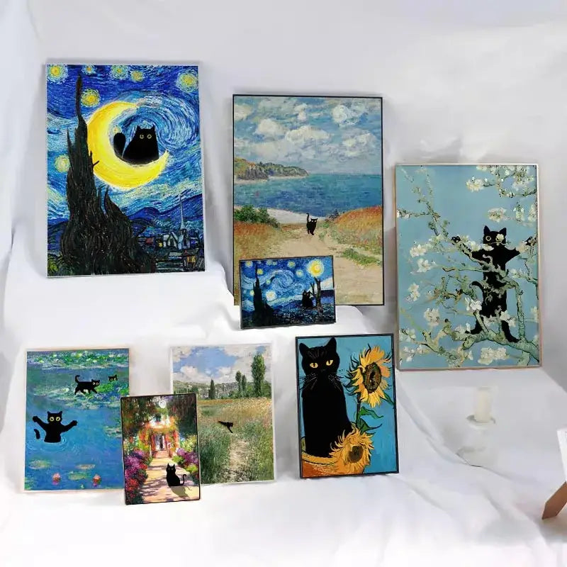 Set of framed decorbites™ black cat wall art prints inspired by van gogh starry night sunflower and almond blossom scenes