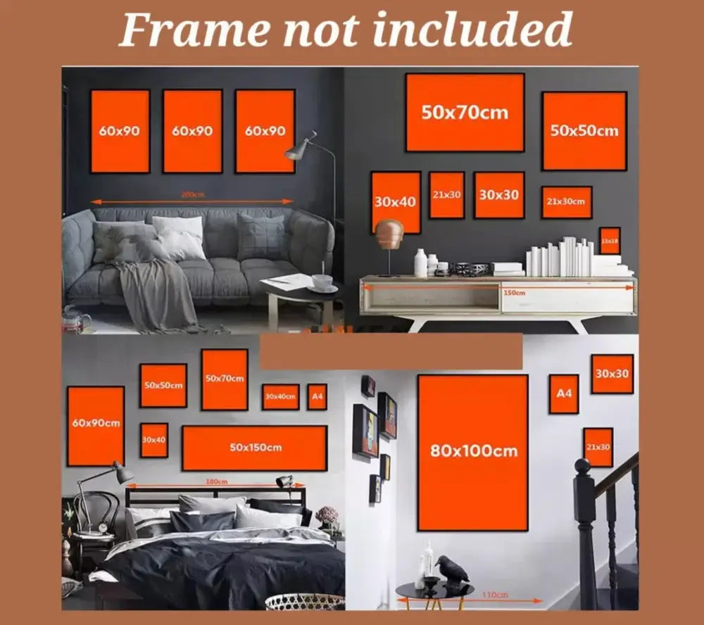 Set of modern orange-framed black cat starry night wall art prints in various sizes for stylish wall decoration