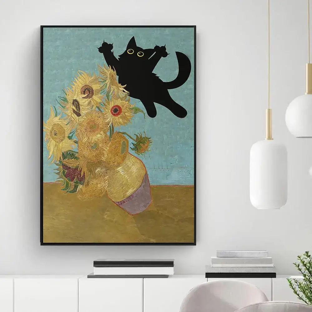DecorBites™ black cat starry night wall art featuring silhouette with vibrant yellow sunflowers in black frame