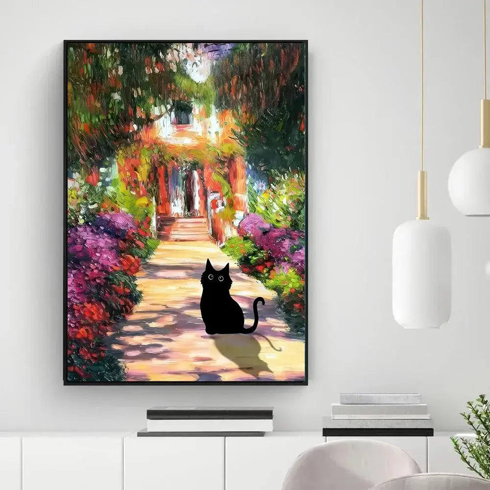 Decorbites™ black cat starry night canvas wall art featuring black cat silhouette with vibrant impressionist garden scenery
