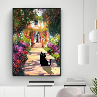 Decorbites™ black cat starry night canvas wall art featuring black cat silhouette with vibrant impressionist garden scenery
