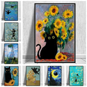DecorBites black cat starry night canvas wall art featuring a black cat silhouette with vibrant yellow sunflowers