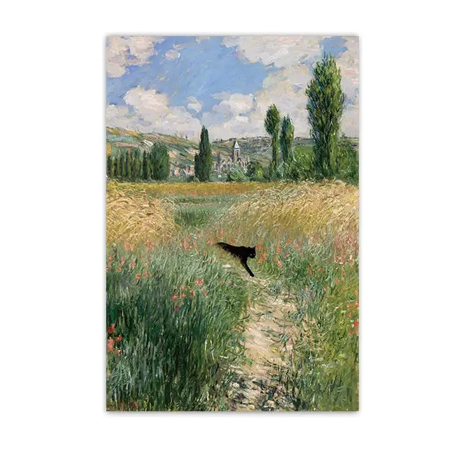 Decorbites™ black cat starry night canvas wall art featuring a black cat silhouette running through a sunlit field