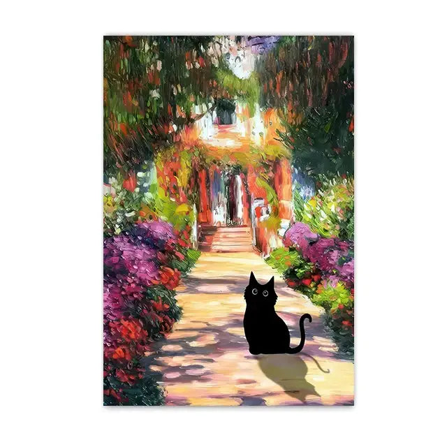 DecorBites black cat starry night canvas wall art featuring a silhouette cat on a sunlit garden path with vibrant flowers