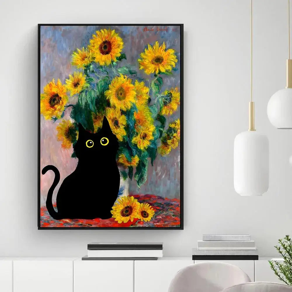 DecorBites™ black cat starry night wall art features a black cat with yellow eyes beneath sunflowers in an impressionist canvas