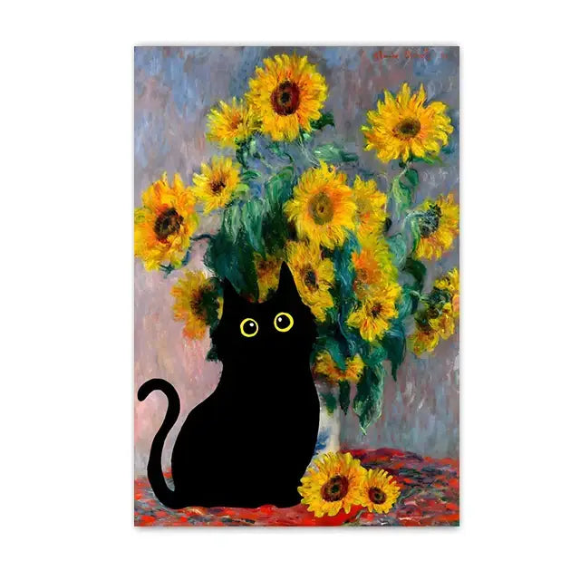DecorBites black cat starry night canvas wall art features a black cat silhouette with yellow eyes and sunflowers