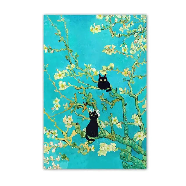 Decorbites™ black cat starry night canvas wall art with vibrant turquoise background and almond tree branches design