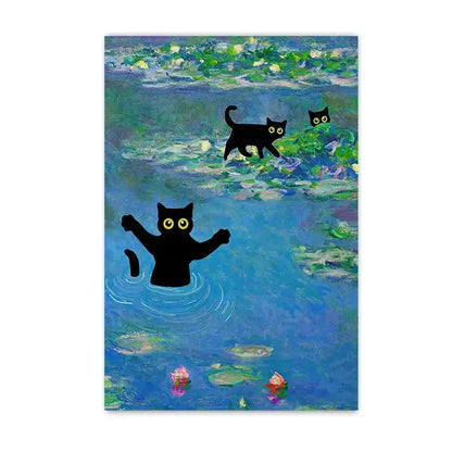 Decorbites black cat starry night canvas wall art featuring a whimsical black cat with bright yellow eyes in playful pose