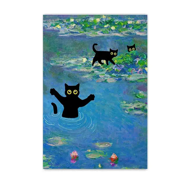 Decorbites black cat starry night canvas wall art featuring a whimsical black cat with bright yellow eyes in playful pose